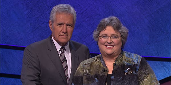 Alex Trebek and Leslie Frates on Jeopardy