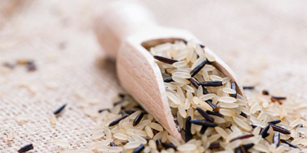 Close up of uncooked rice on a wooden spoon