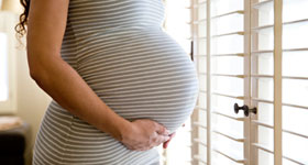 Close up of pregnant woman by window
