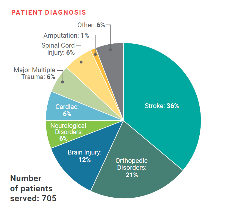 Pie Chart Displaying Patient Diagnosis: Stroke 36%, Orthopedic Disorders 21%, Brain Injury 12%, Neurologic Disorders 6%, Cardiac 6%, Major Multiple Trama 6%, Spinal Cord Injury 6%, Amputation 1%, Other 6%